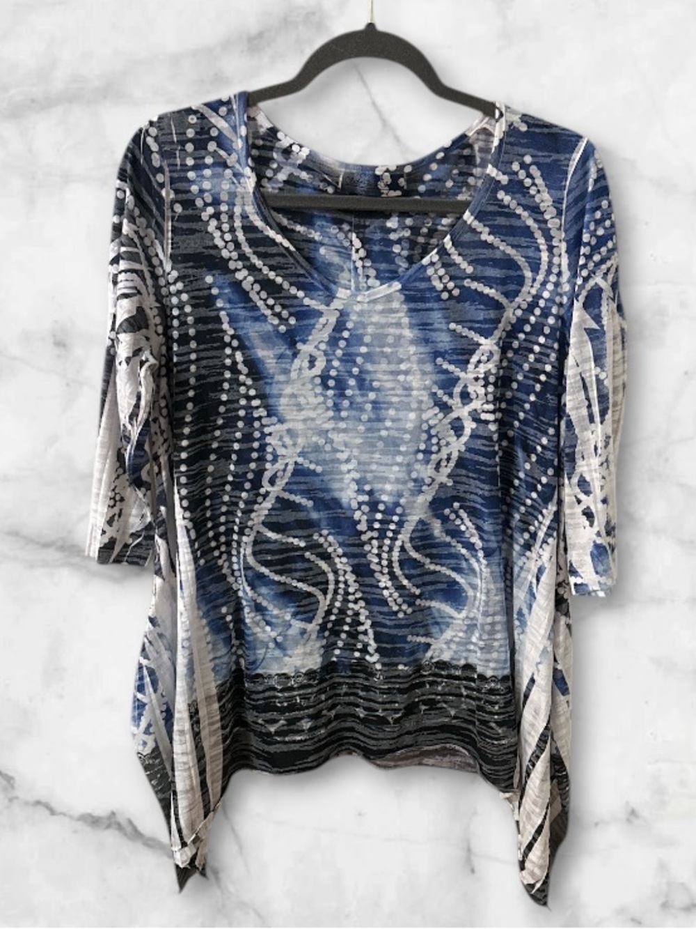 Sole Dione Studio blue pattern 3/4 sleeve waterfall tunic top size 1X